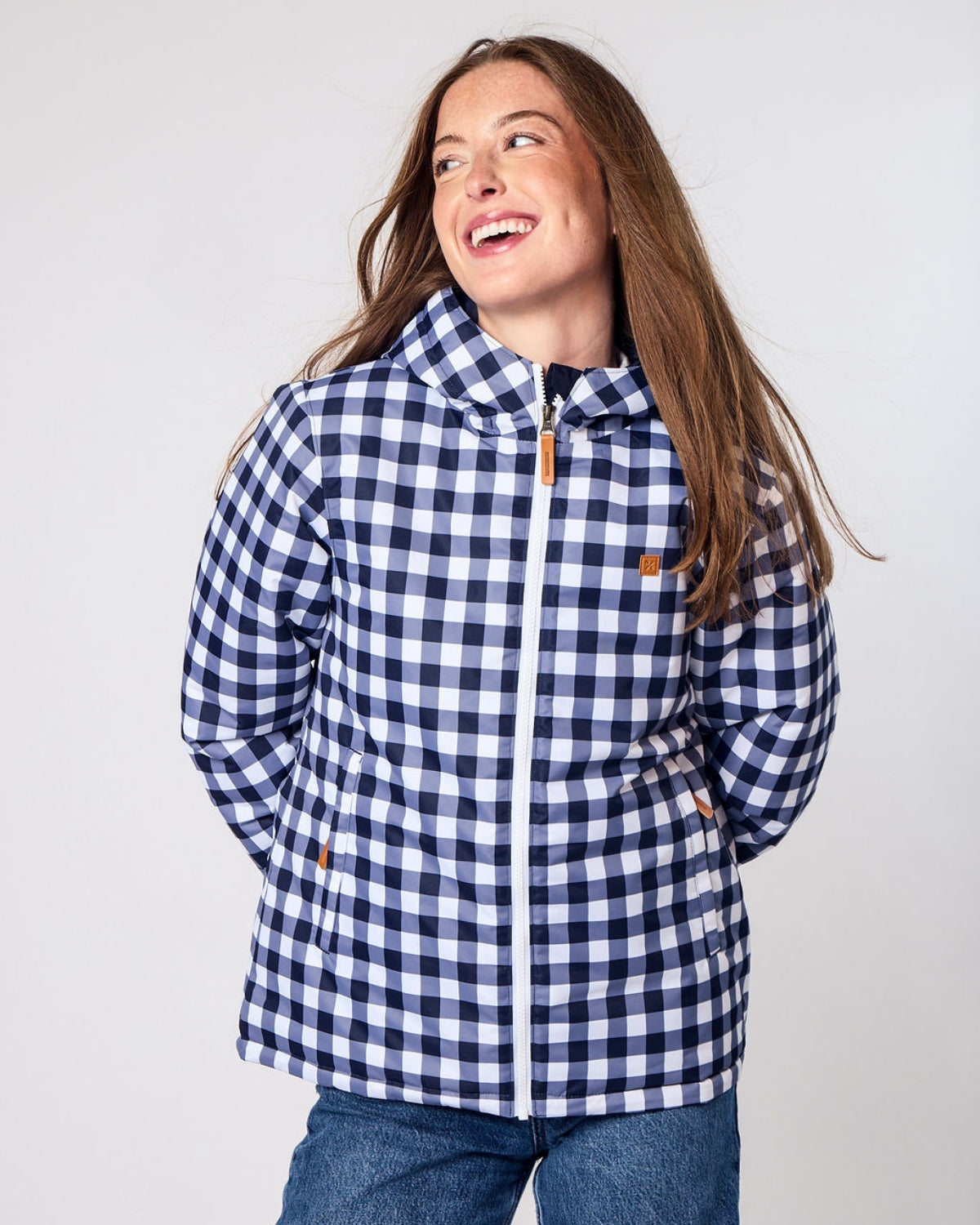 Women's Winter Coat in Navy Gingham