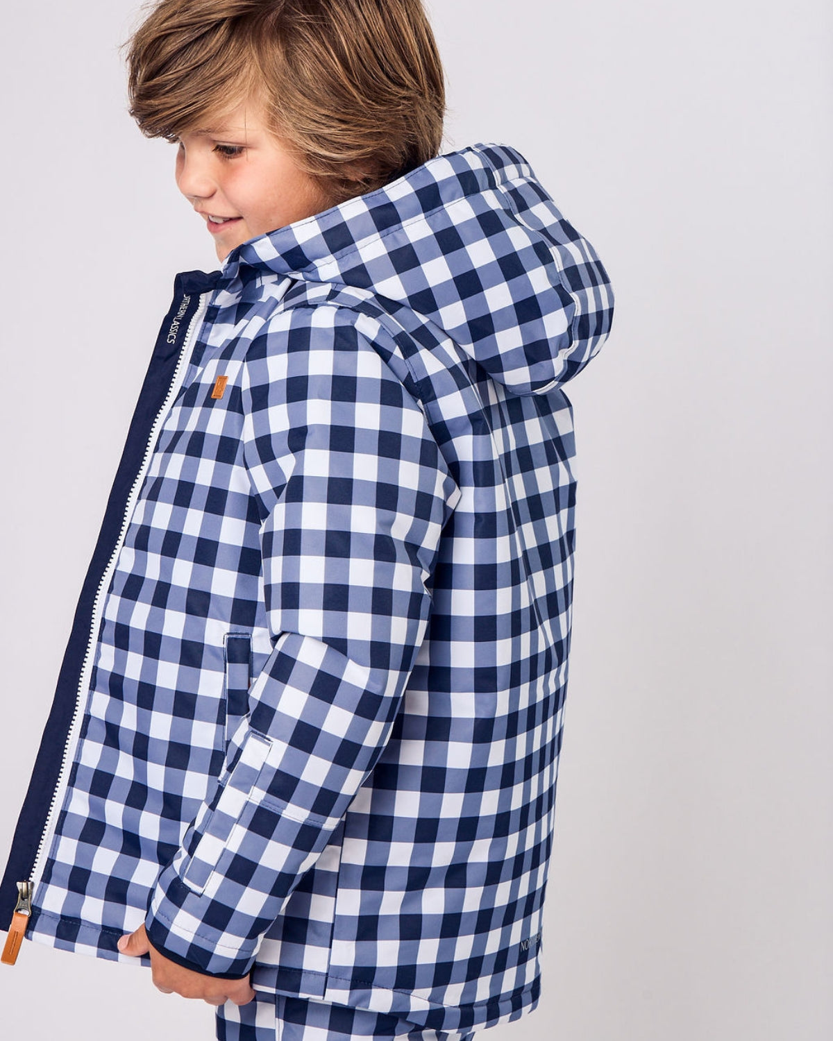 Kids Winter Coat in Navy Gingham