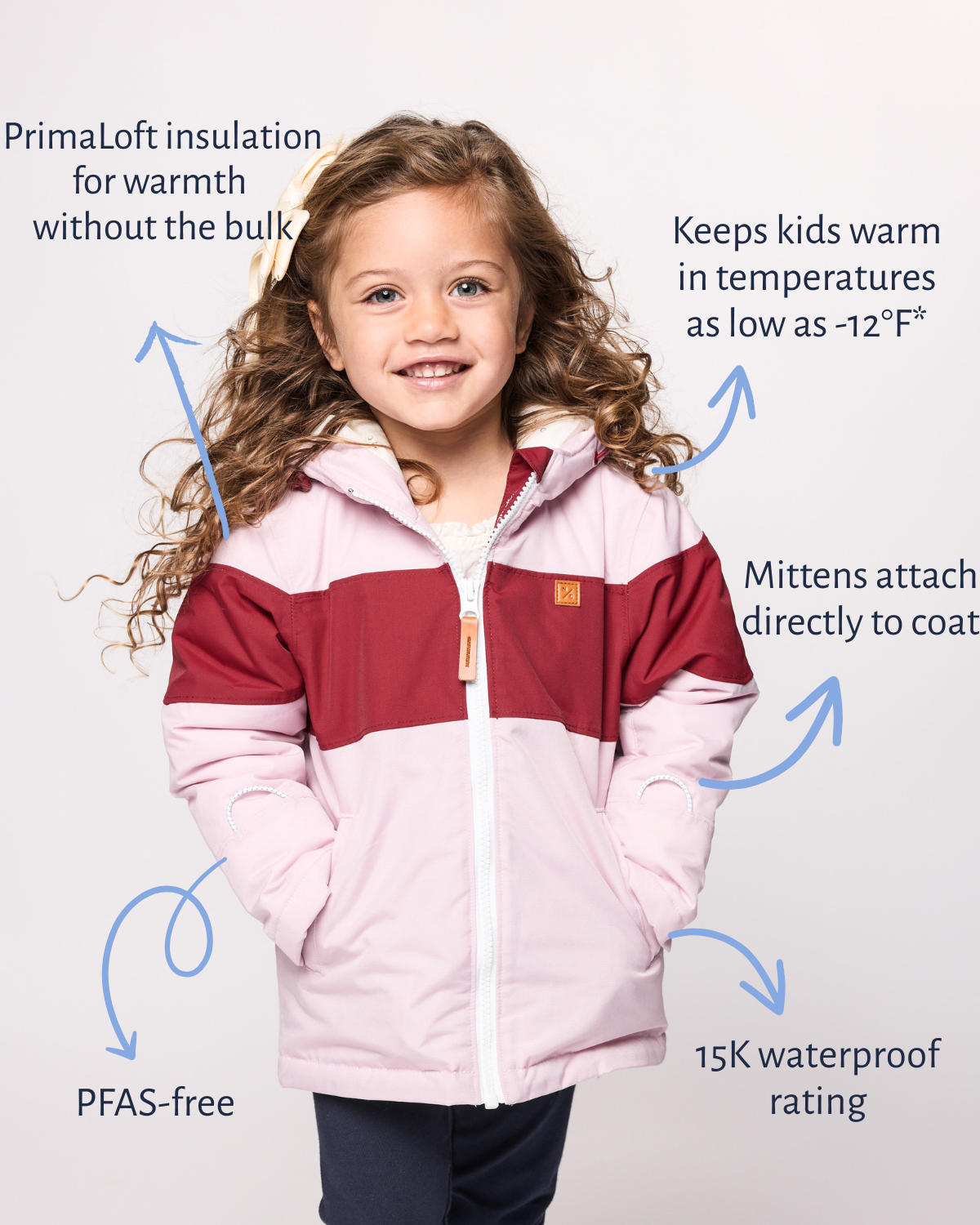 Kids Ballerina Pink Winter Coat with Red Rugby Stripe