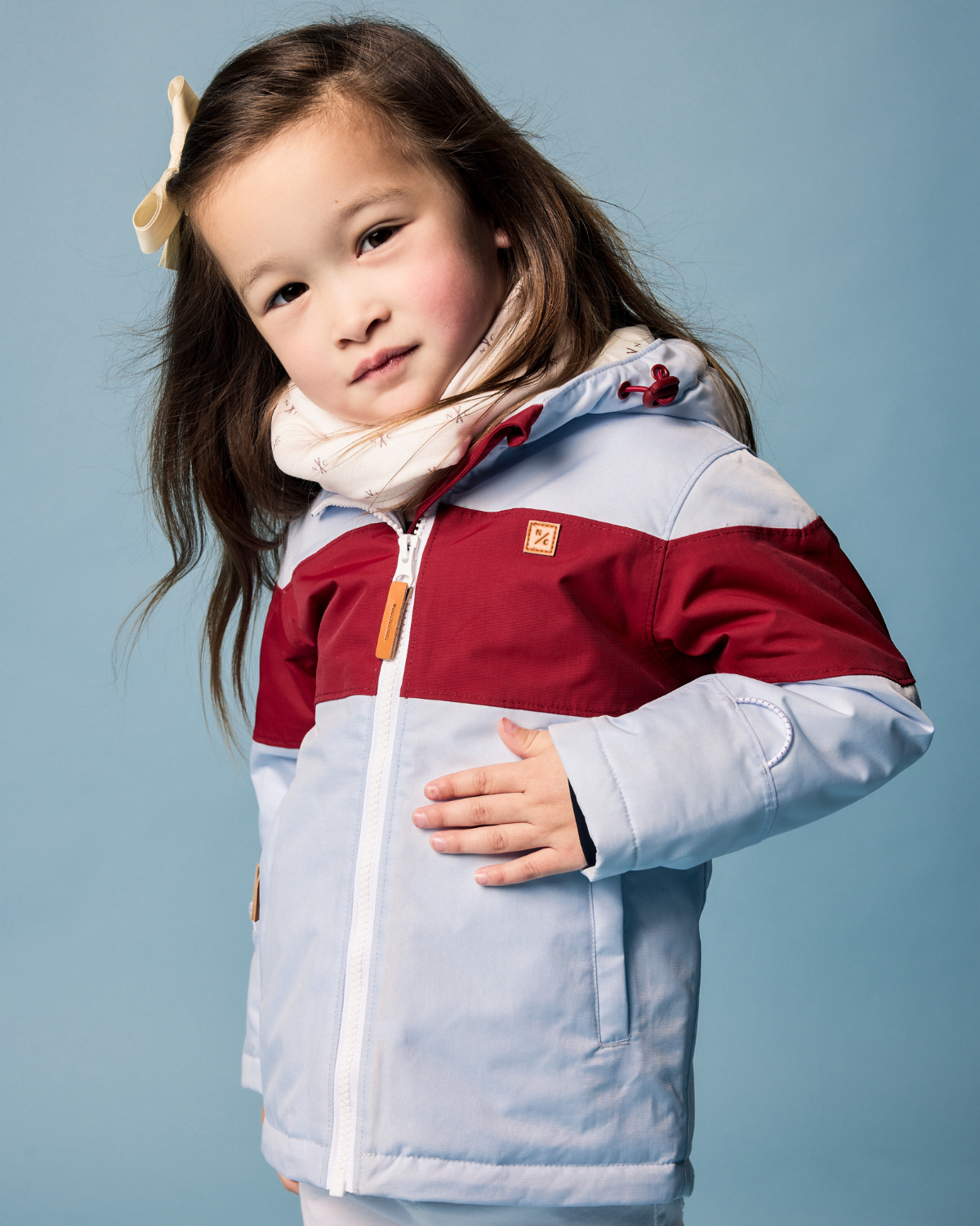 Kids Cloud Blue Winter Coat with Red Rugby Stripe