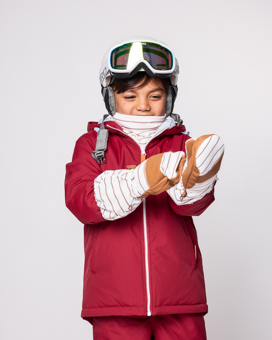 Kids brown and white striped mittens for boys and girls, featuring warm insulation, soft fleece lining, and waterproof exterior, designed for skiing and winter snow sports to keep hands warm in cold weather
