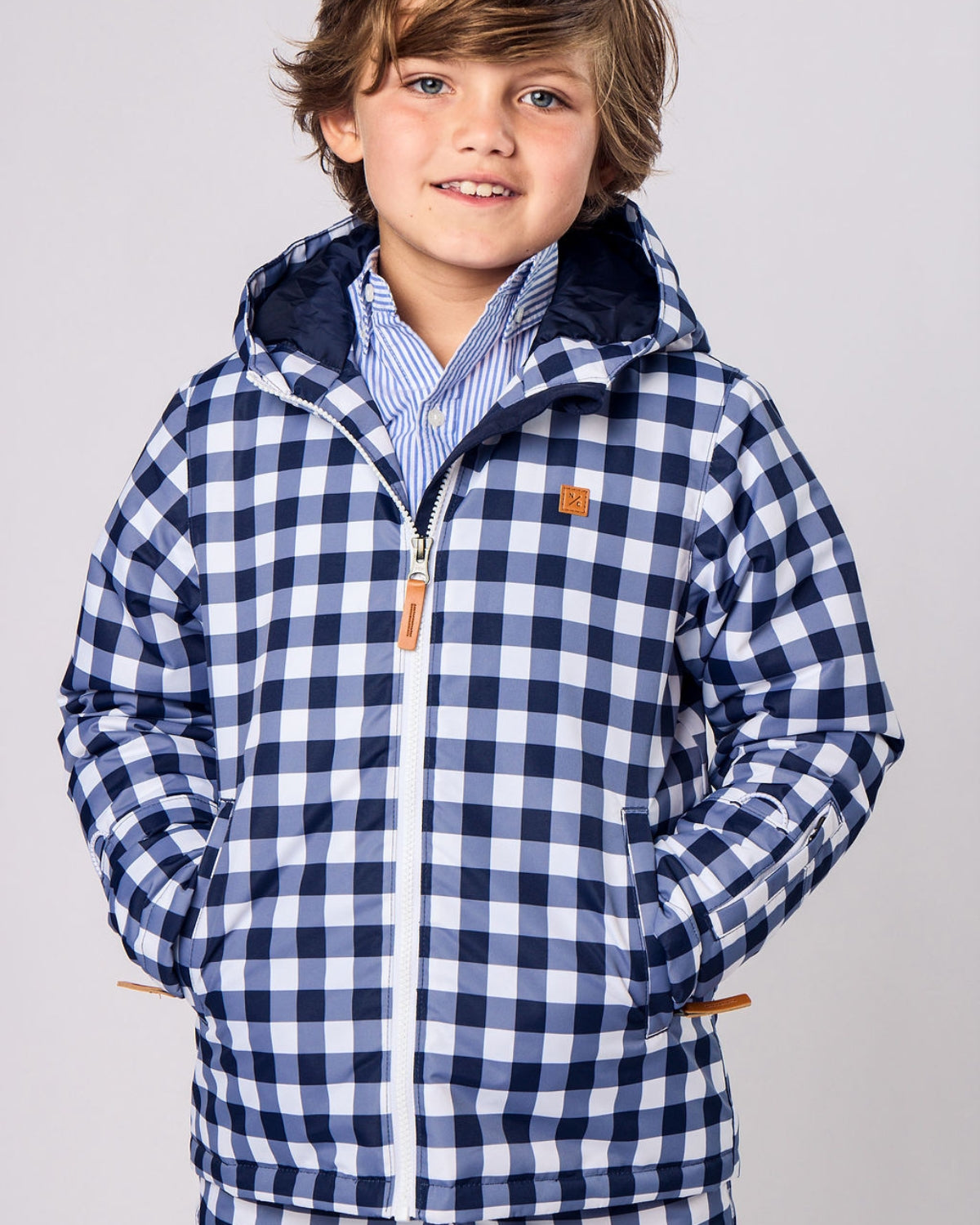 Kids Winter Coat in Navy Gingham