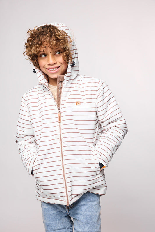 Kids striped brown and white winter coat for skiing and snow play, with warm insulation and waterproof outer shell for full cold weather protection and hood