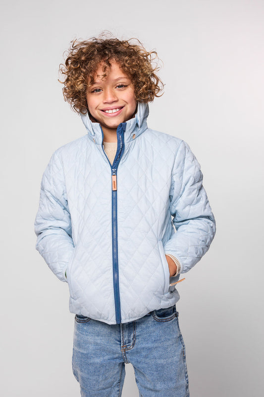 Kids and women light blue puffer jacket for fall and winter, designed as a warm in-between layer with removable hood, insulated core, and water-resistant fabric