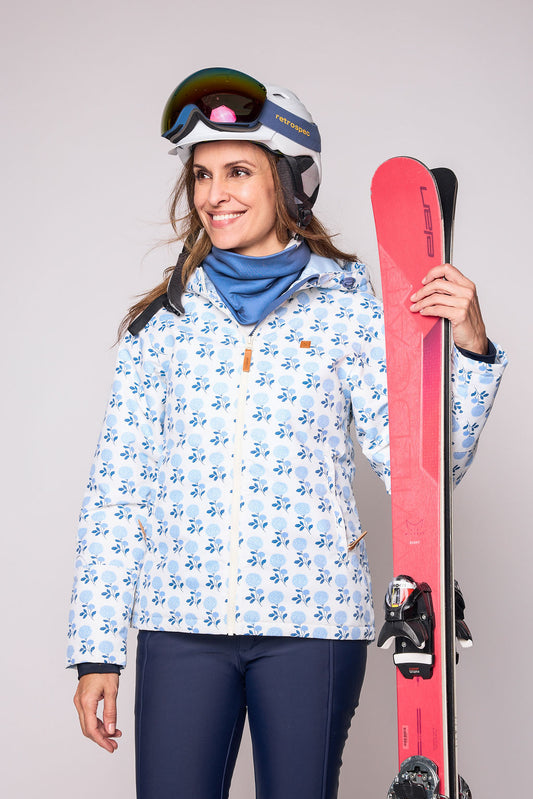 Girls and women blue floral hydrangea winter coat for skiing and snow play, with warm insulation and waterproof outer shell for full cold weather protection