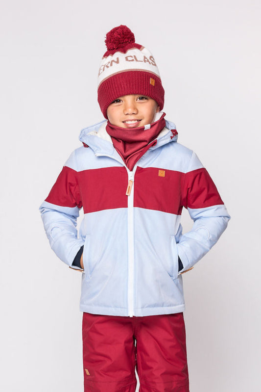 Kids red and light blue winter coat for skiing and snow play, with warm insulation and waterproof outer shell for full cold weather protection and hood