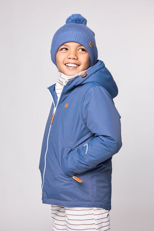 Kids blue winter coat for skiing and snow play, with warm insulation and waterproof outer shell for full cold weather protection and hood