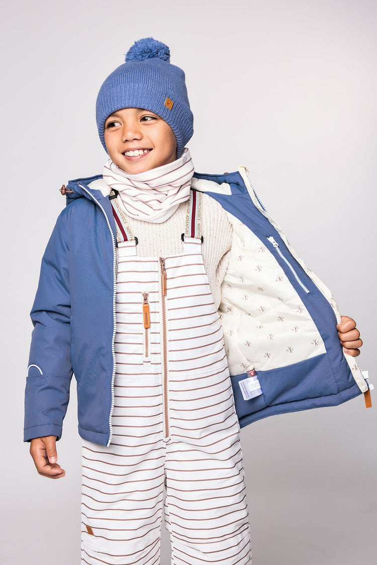 Kids blue winter coat for skiing and snow play, with warm insulation and waterproof outer shell for full cold weather protection and hood