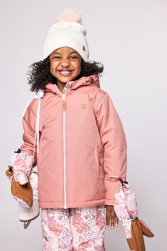 Girls pink winter coat for skiing and snow play, with warm insulation and waterproof outer shell for full cold weather protection and hood