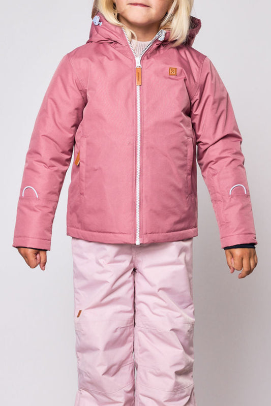 Girls pink winter coat for skiing and snow play, with warm insulation and waterproof outer shell for full cold weather protection and hood