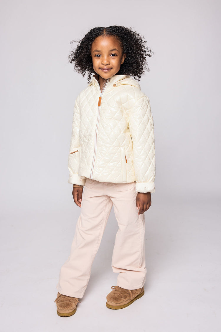 Kids and women shiny white puffer jacket for fall and winter, designed as a warm in-between layer with removable hood, insulated core, and water-resistant fabric