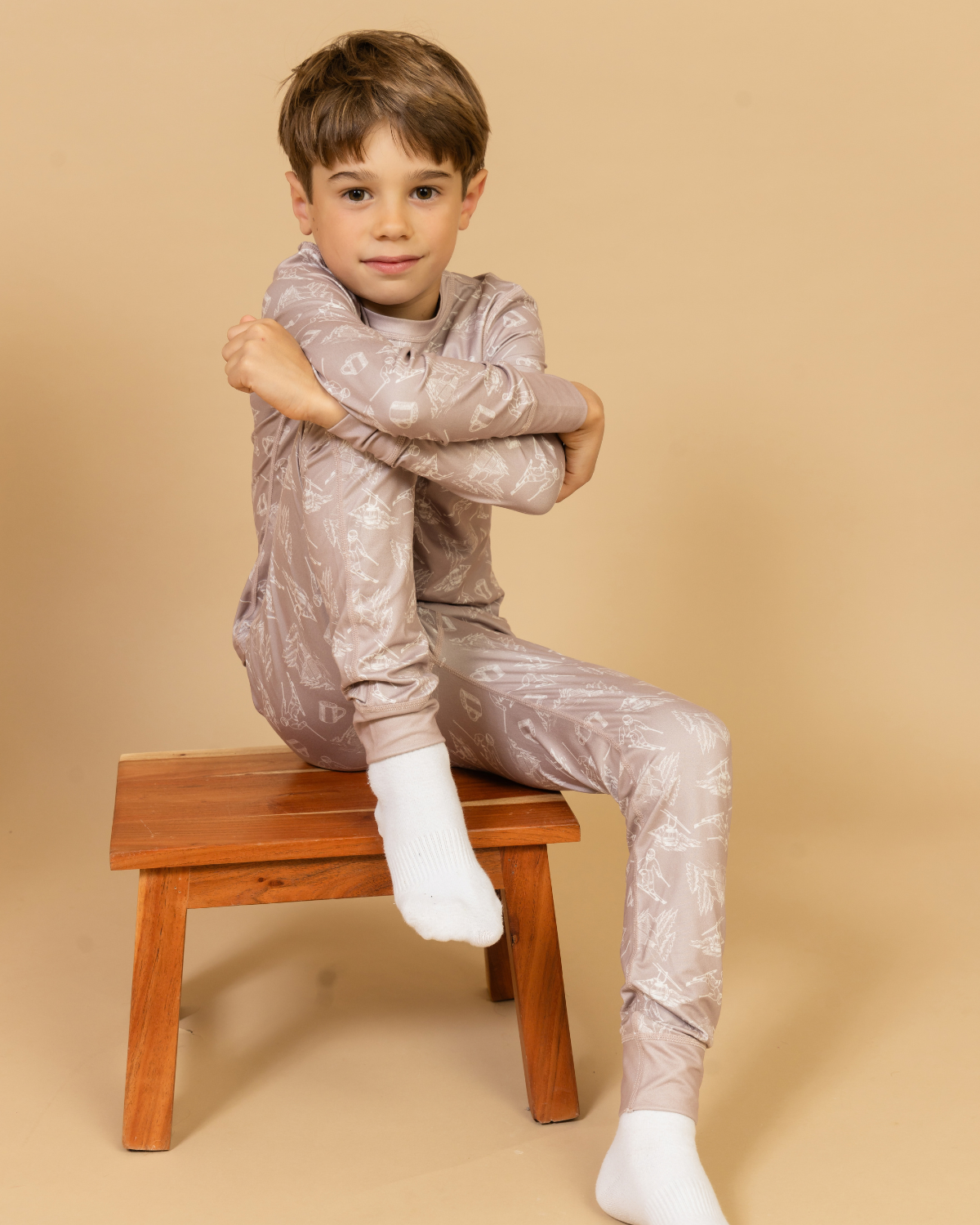 Kids Base Layer Set in Soft Brown Toile