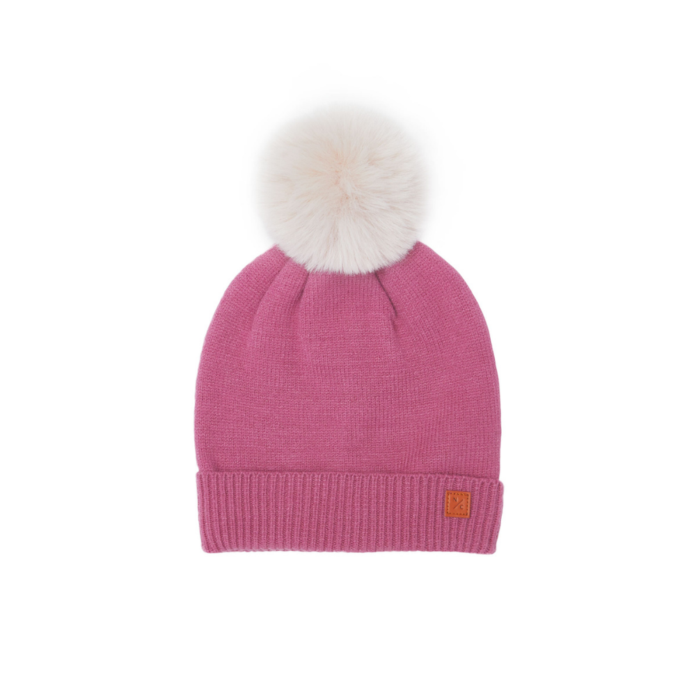 Rose Pink Knit Winter Hat with Faux Fur Pom