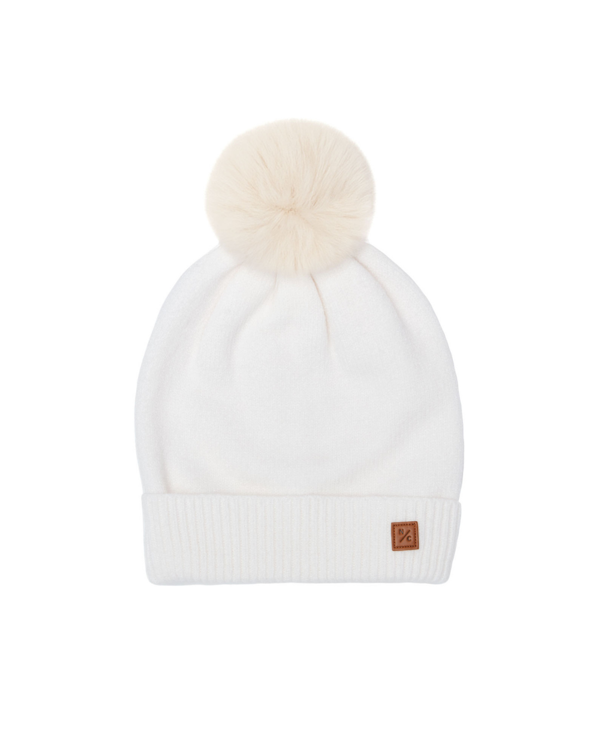Winter White Knit Winter Hat with Faux Fur Pom