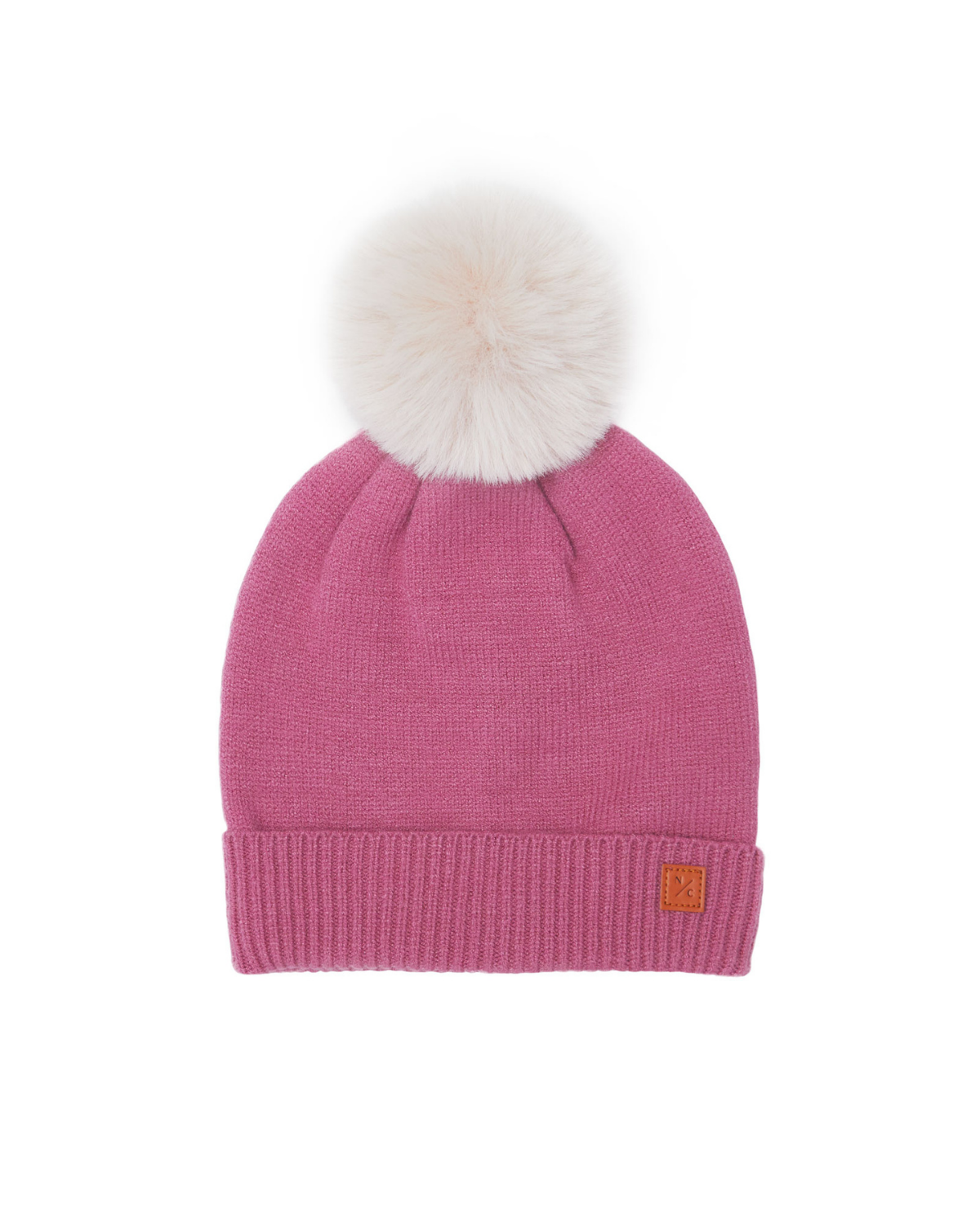 Rose Pink Knit Winter Hat with Faux Fur Pom