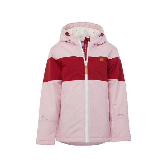 Kids red and light pink winter coat for skiing and snow play, with warm insulation and waterproof outer shell for full cold weather protection and hood