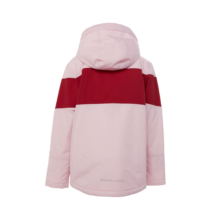 Kids red and light pink winter coat for skiing and snow play, with warm insulation and waterproof outer shell for full cold weather protection and hood