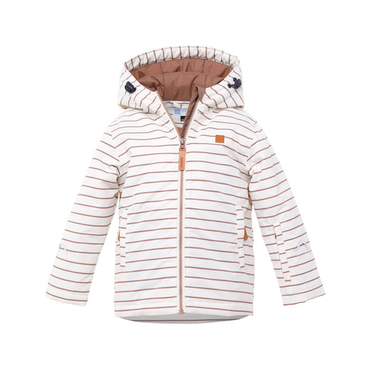 Kids striped brown and white winter coat for skiing and snow play, with warm insulation and waterproof outer shell for full cold weather protection and hood