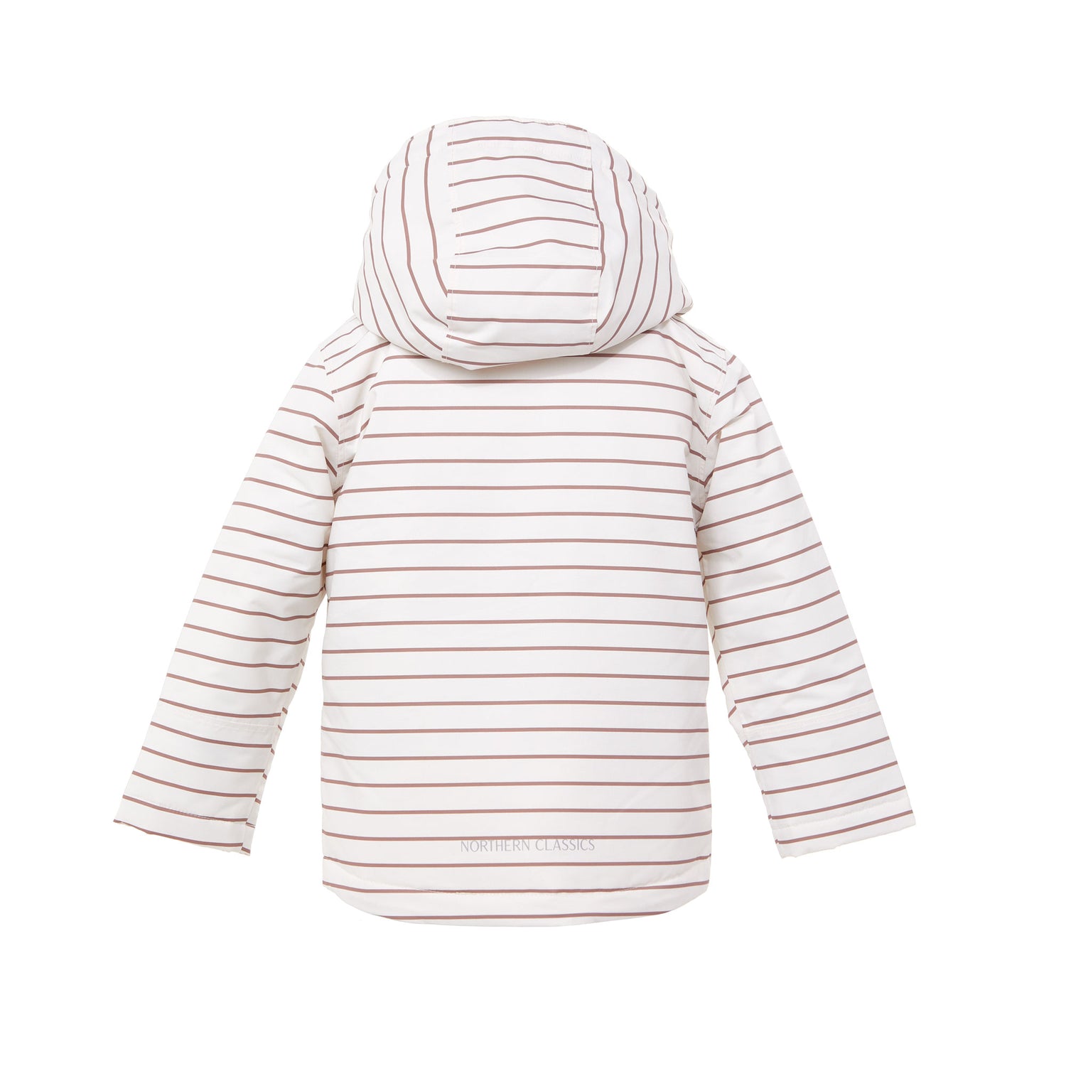 Kids striped brown and white winter coat for skiing and snow play, with warm insulation and waterproof outer shell for full cold weather protection and hood