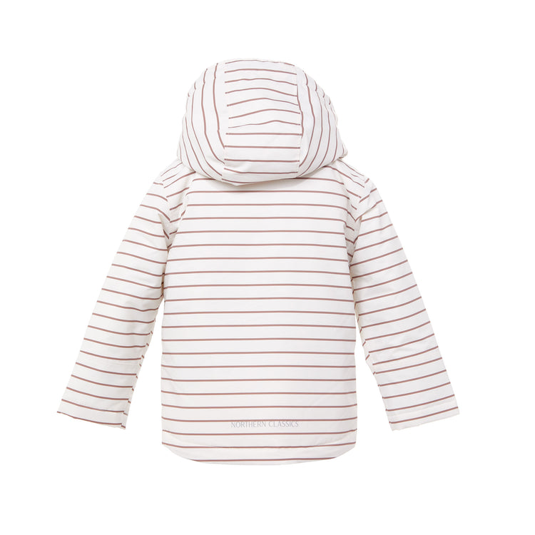 Kids striped brown and white winter coat for skiing and snow play, with warm insulation and waterproof outer shell for full cold weather protection and hood