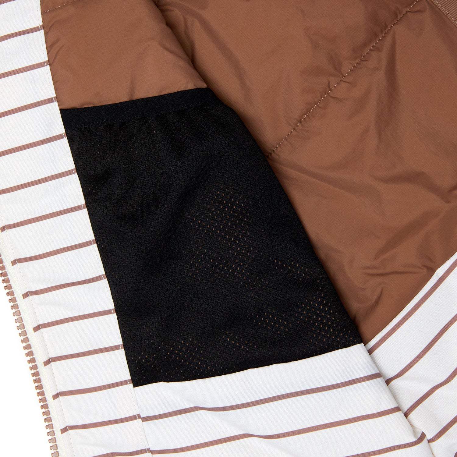 Kids striped brown and white winter coat for skiing and snow play, with warm insulation and waterproof outer shell for full cold weather protection and hood