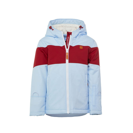 Kids red and light blue winter coat for skiing and snow play, with warm insulation and waterproof outer shell for full cold weather protection and hood