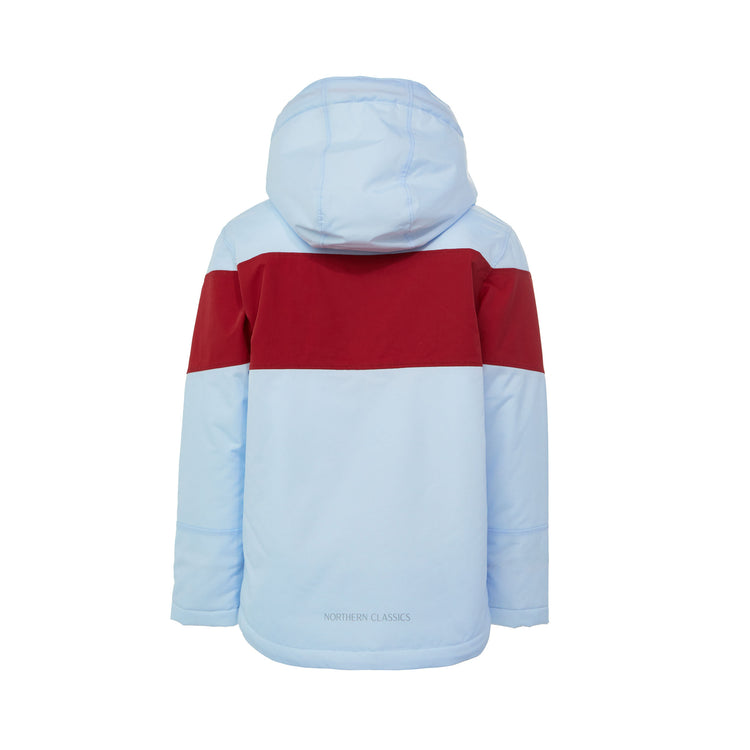 Kids red and light blue winter coat for skiing and snow play, with warm insulation and waterproof outer shell for full cold weather protection and hood