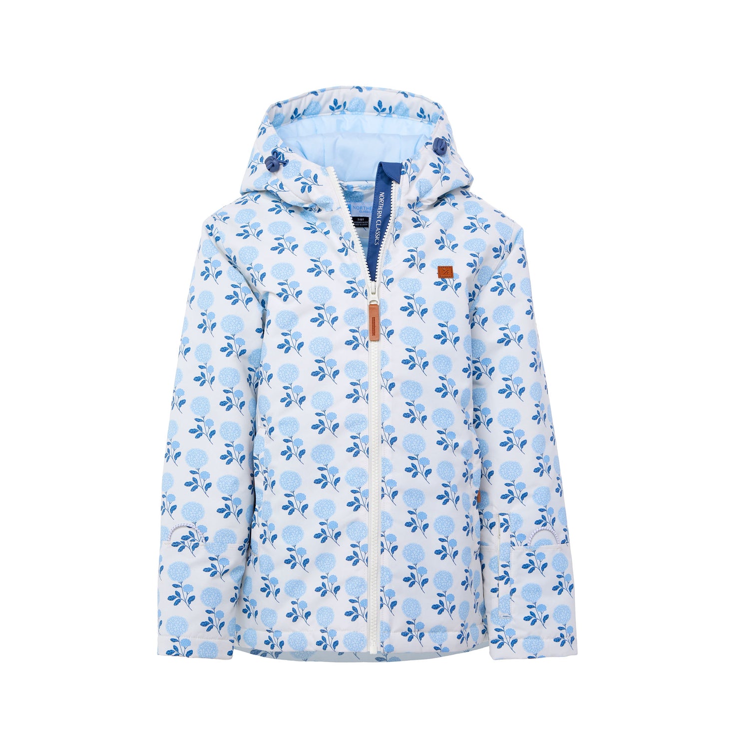 Girls and women blue floral hydrangea winter coat for skiing and snow play, with warm insulation and waterproof outer shell for full cold weather protection