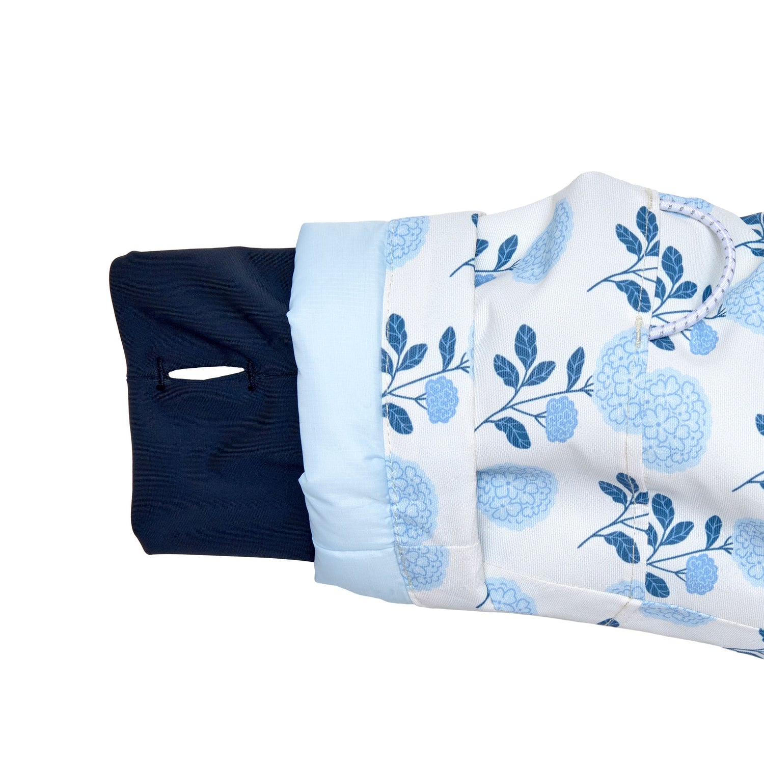 Girls and women blue floral hydrangea winter coat for skiing and snow play, with warm insulation and waterproof outer shell for full cold weather protection