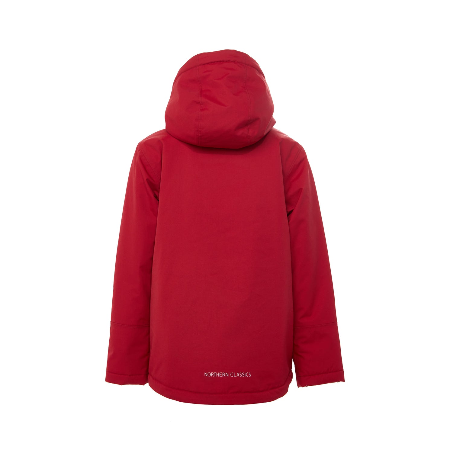Kids red winter coat for skiing and snow play, with warm insulation and waterproof outer shell for full cold weather protection and hood