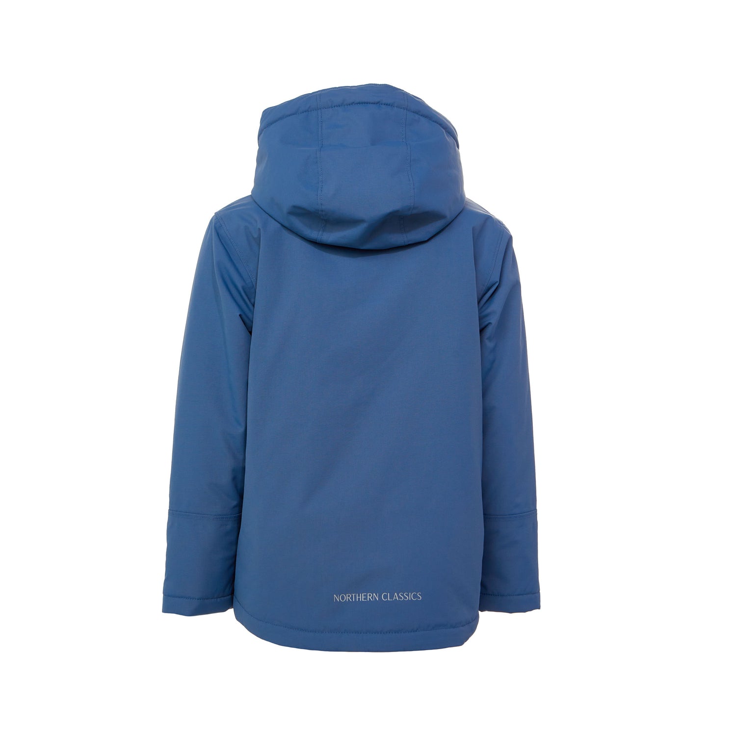 Kids blue winter coat for skiing and snow play, with warm insulation and waterproof outer shell for full cold weather protection and hood