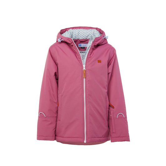 Girls pink winter coat for skiing and snow play, with warm insulation and waterproof outer shell for full cold weather protection and hood