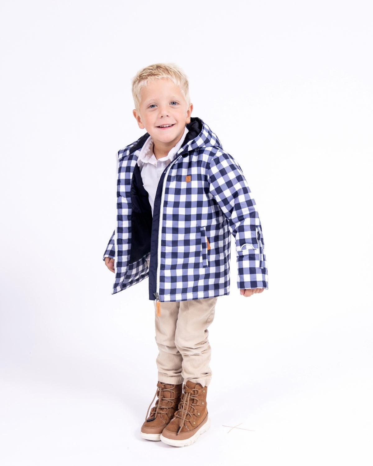 Kids Winter Coat in Navy Gingham