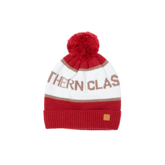 Classic Knit Pom Pom Hat for Kids and Women’s sizes in red, brown, and white, crafted with soft knit fabric, luxe faux fur pom detail, and winter-ready durability for everyday adventures. It's so soft it feels like cashmere.