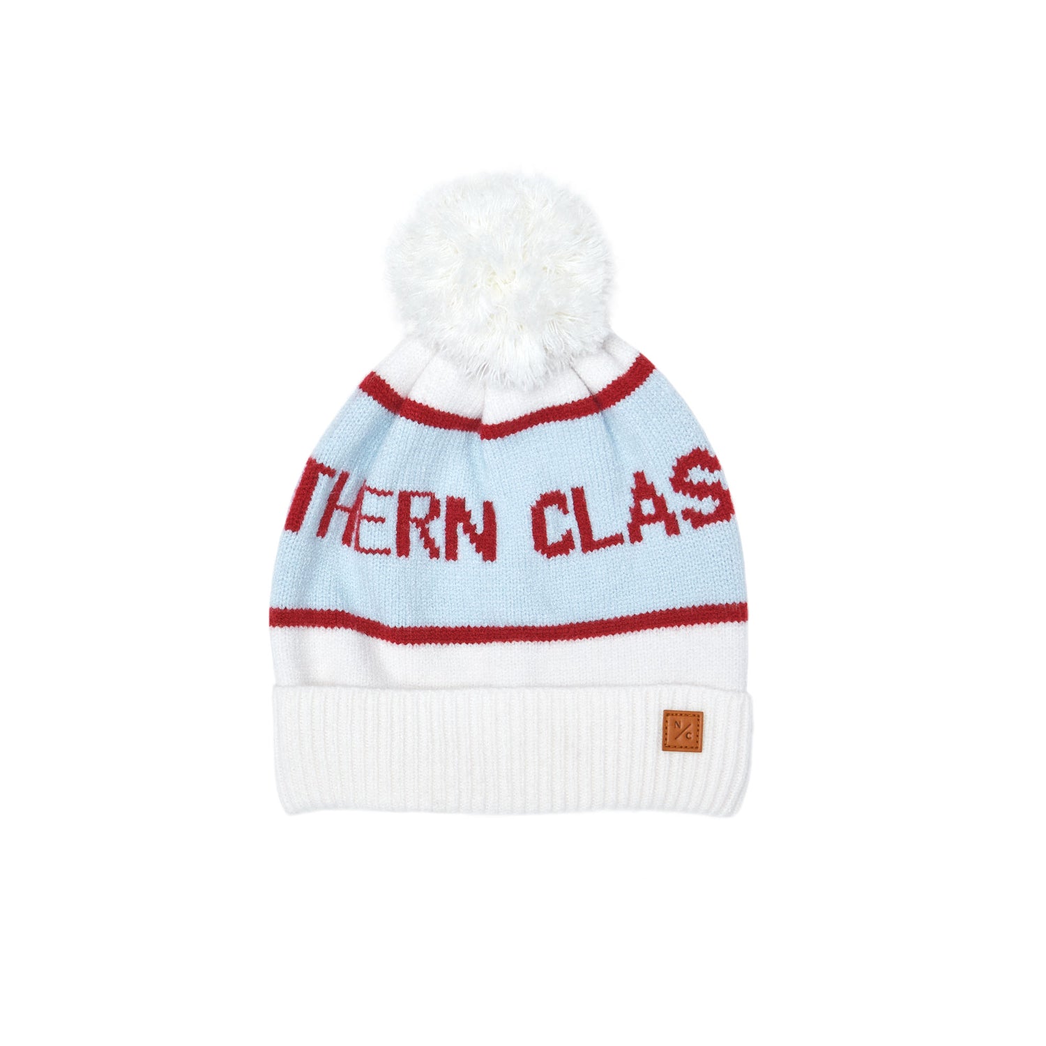Classic Knit Pom Pom Hat for Kids and Women’s sizes in white, red, and light blue, crafted with soft knit fabric, luxe faux fur pom detail, and winter-ready durability for everyday adventures. It's so soft it feels like cashmere.