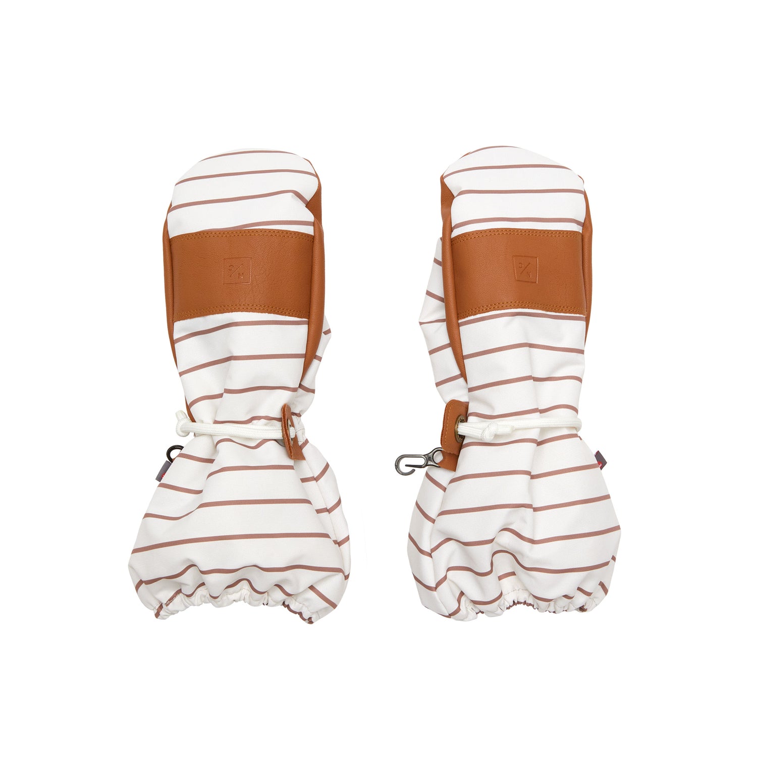 Kids brown and white striped mittens for boys and girls, featuring warm insulation, soft fleece lining, and waterproof exterior, designed for skiing and winter snow sports to keep hands warm in cold weather