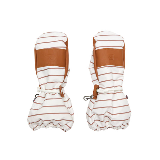 Kids brown and white striped mittens for boys and girls, featuring warm insulation, soft fleece lining, and waterproof exterior, designed for skiing and winter snow sports to keep hands warm in cold weather