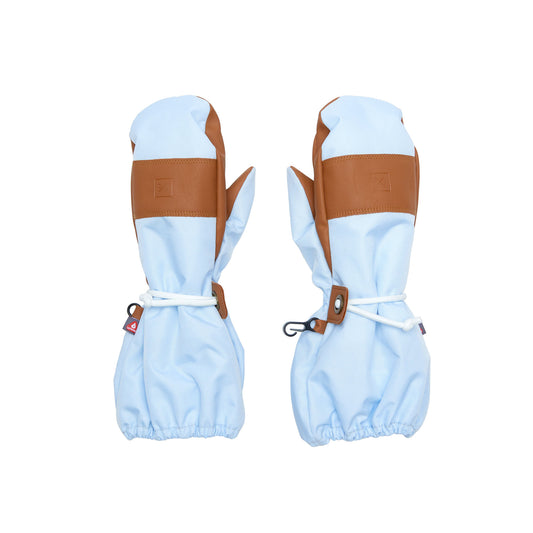 Kids and women's light blue mittens for boys and girls, featuring warm insulation, soft fleece lining, and waterproof exterior, designed for skiing and winter snow sports to keep hands warm in cold weather