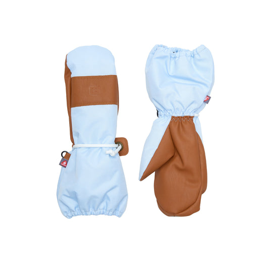 Kids and women's light blue mittens for boys and girls, featuring warm insulation, soft fleece lining, and waterproof exterior, designed for skiing and winter snow sports to keep hands warm in cold weather