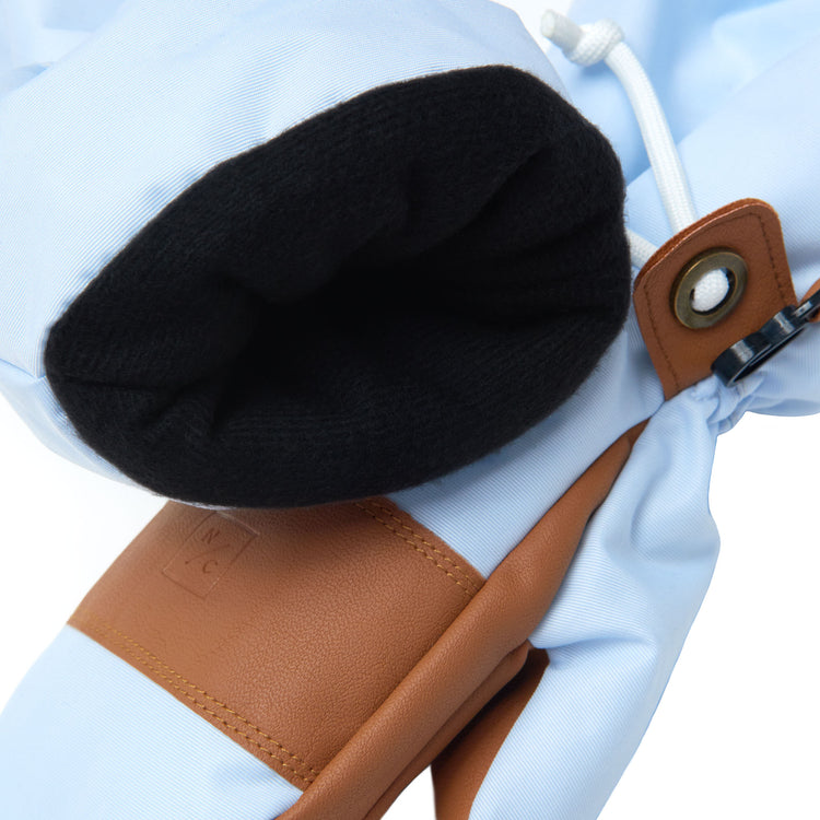 Kids and women's light blue mittens for boys and girls, featuring warm insulation, soft fleece lining, and waterproof exterior, designed for skiing and winter snow sports to keep hands warm in cold weather