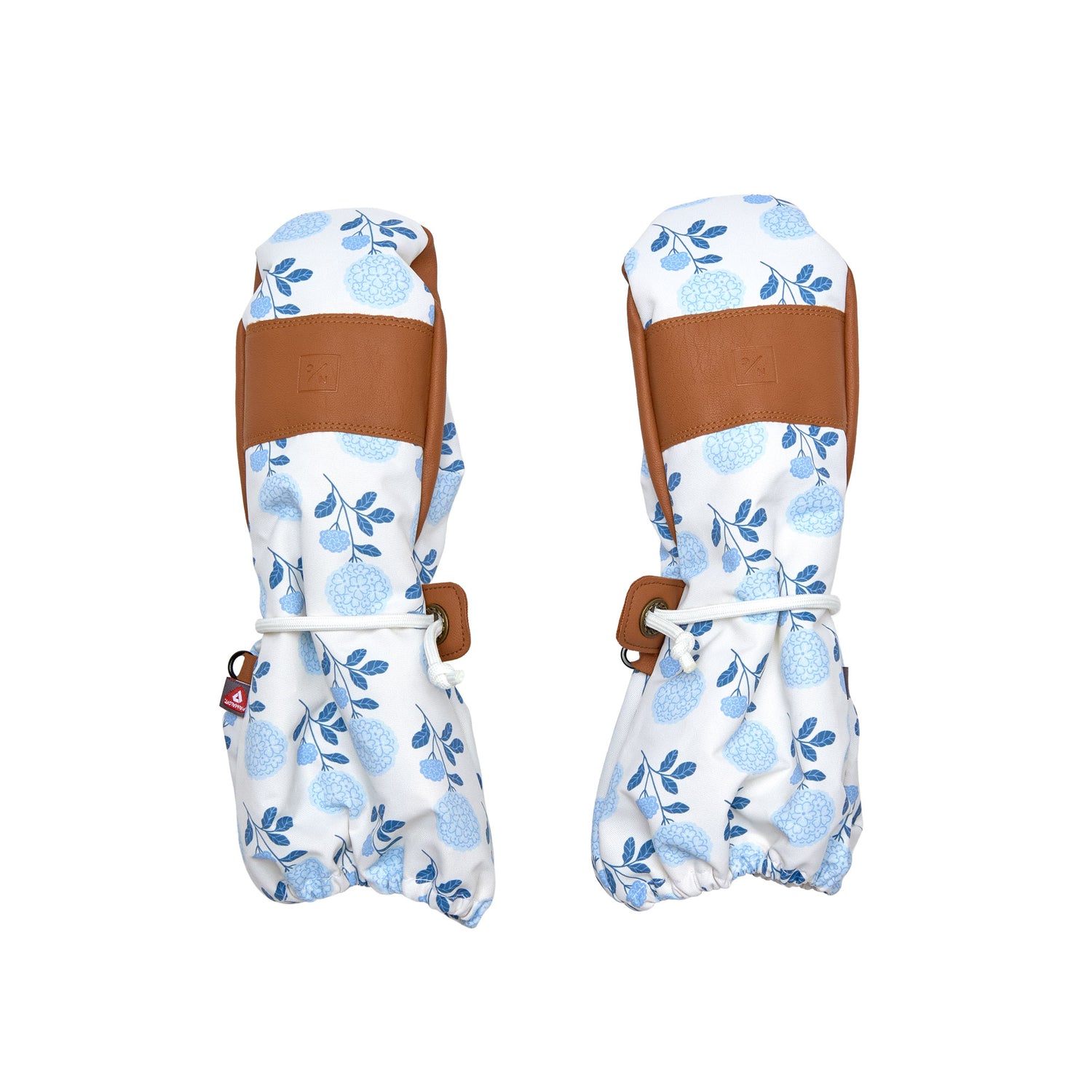 Kids and women's blue floral hydrangea mittens for boys and girls, featuring warm insulation, soft fleece lining, and waterproof exterior, designed for skiing and winter snow sports to keep hands warm in cold weather
