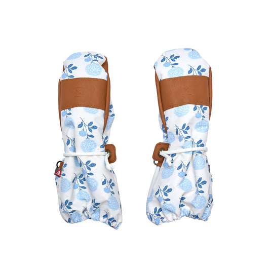 Kids blue floral mittens for boys and girls, featuring warm insulation, soft fleece lining, and waterproof exterior, designed for skiing and winter snow sports to keep hands warm in cold weather
