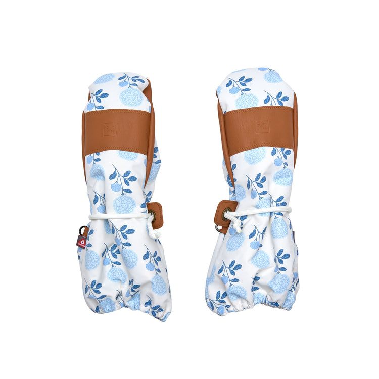 Kids blue floral mittens for boys and girls, featuring warm insulation, soft fleece lining, and waterproof exterior, designed for skiing and winter snow sports to keep hands warm in cold weather
