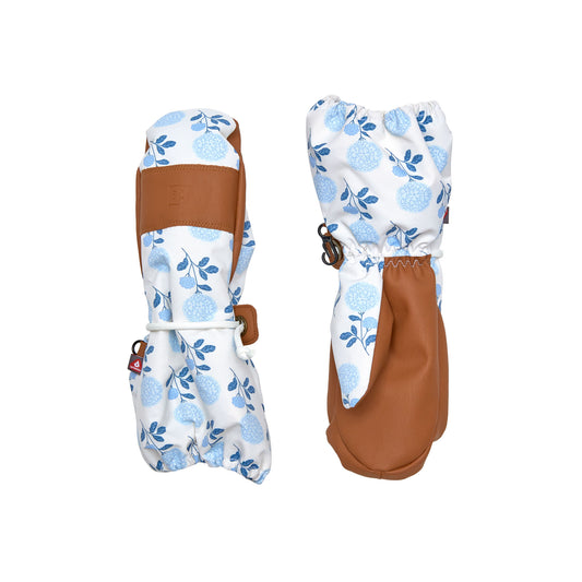 Kids and women's blue floral hydrangea mittens for boys and girls, featuring warm insulation, soft fleece lining, and waterproof exterior, designed for skiing and winter snow sports to keep hands warm in cold weather