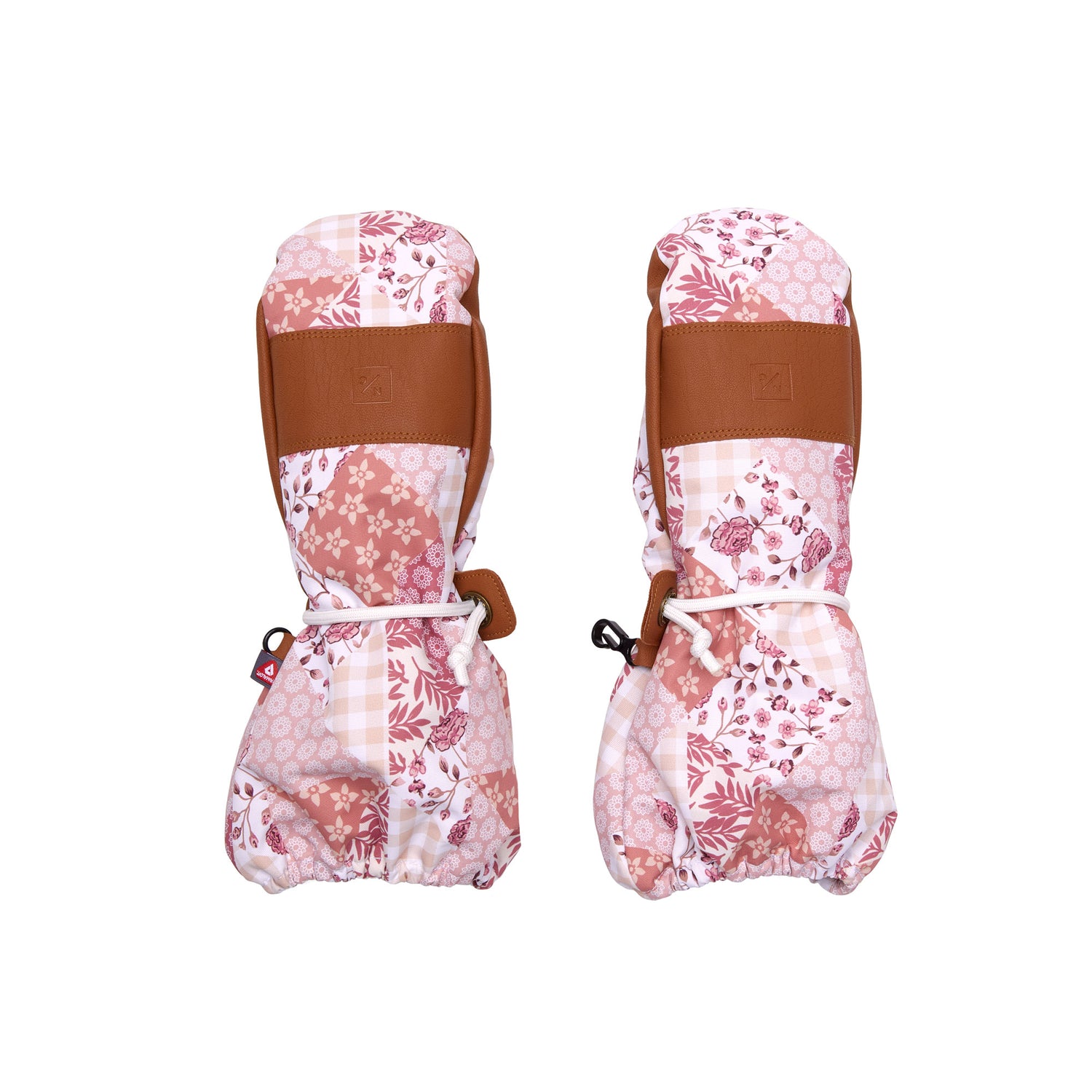 Kids pink patchwork mittens for boys and girls, featuring warm insulation, soft fleece lining, and waterproof exterior, designed for skiing and winter snow sports to keep hands warm in cold weather
