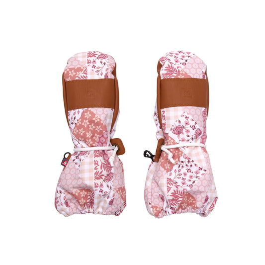 Kids pink patchwork mittens for boys and girls, featuring warm insulation, soft fleece lining, and waterproof exterior, designed for skiing and winter snow sports to keep hands warm in cold weather