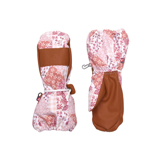 Kids pink patchwork mittens for boys and girls, featuring warm insulation, soft fleece lining, and waterproof exterior, designed for skiing and winter snow sports to keep hands warm in cold weather