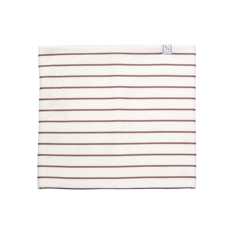 Kids and women's striped brown and white fleece neck warmer for boys and girls, made with soft, breathable fabric to keep necks warm during outdoor play, skiing, and winter snow activities