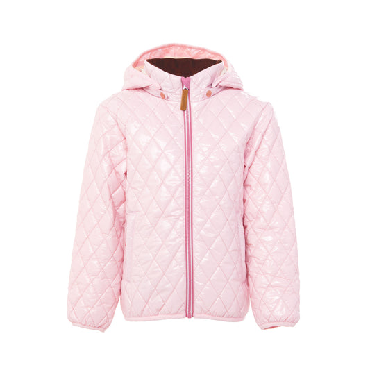Girls and women shiny light pink puffer jacket for fall and winter, designed as a warm in-between layer with removable hood, insulated core, and water-resistant fabric