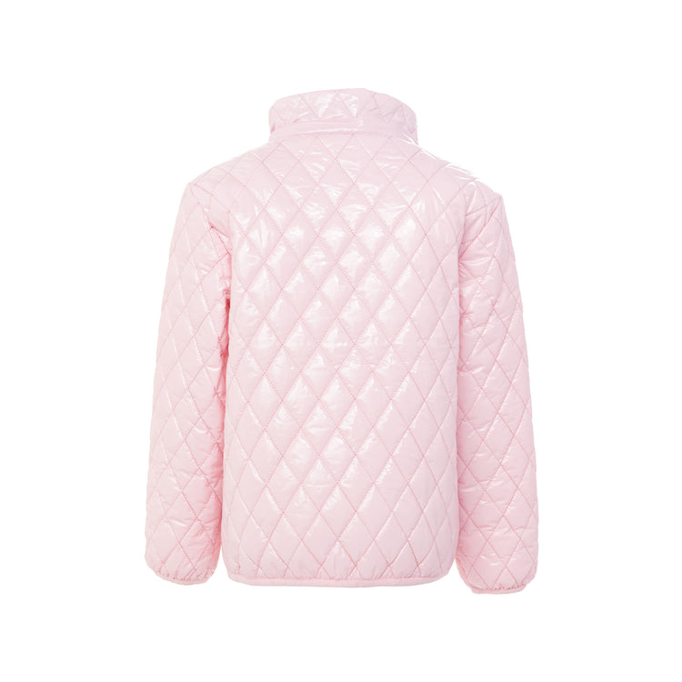 Girls and women shiny light pink puffer jacket for fall and winter, designed as a warm in-between layer with removable hood, insulated core, and water-resistant fabric
